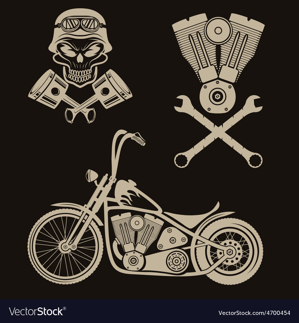 Bikers theme labels with motorbikeskullengine and Vector Image