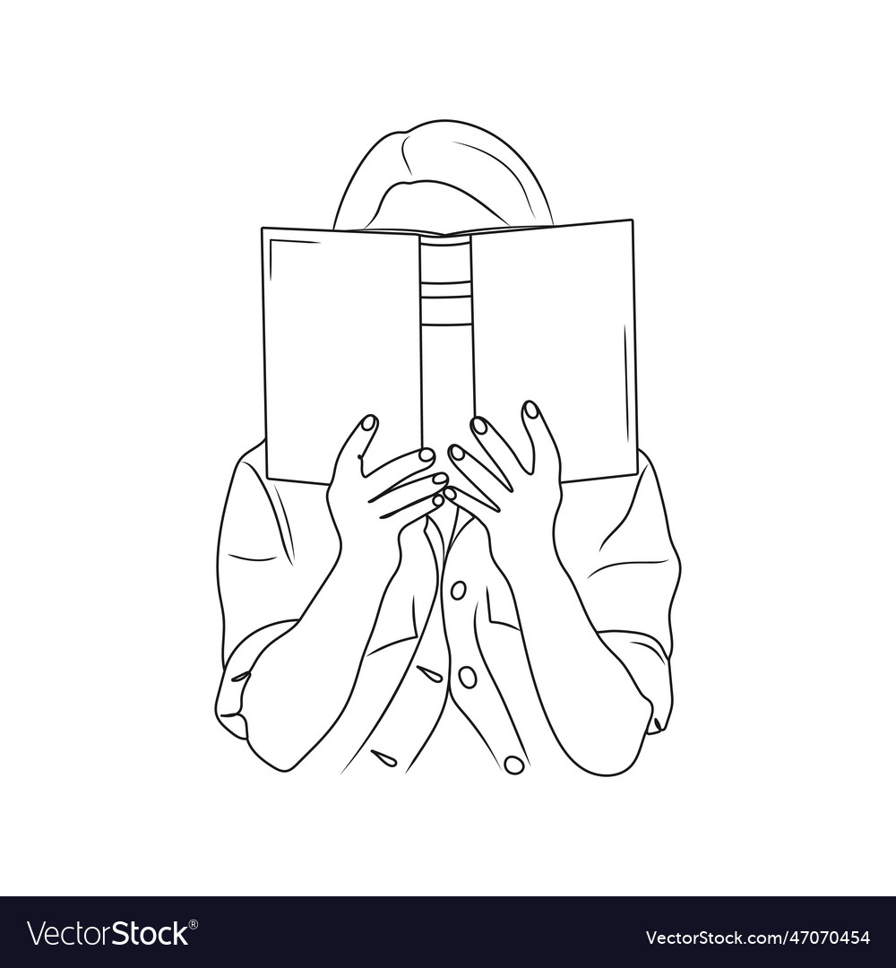 Girl holding open book line art Royalty Free Vector Image