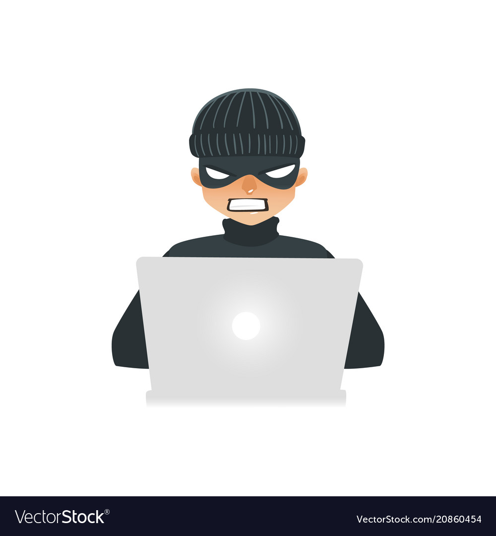 Hacker in black clothes and mask sitting behind Vector Image