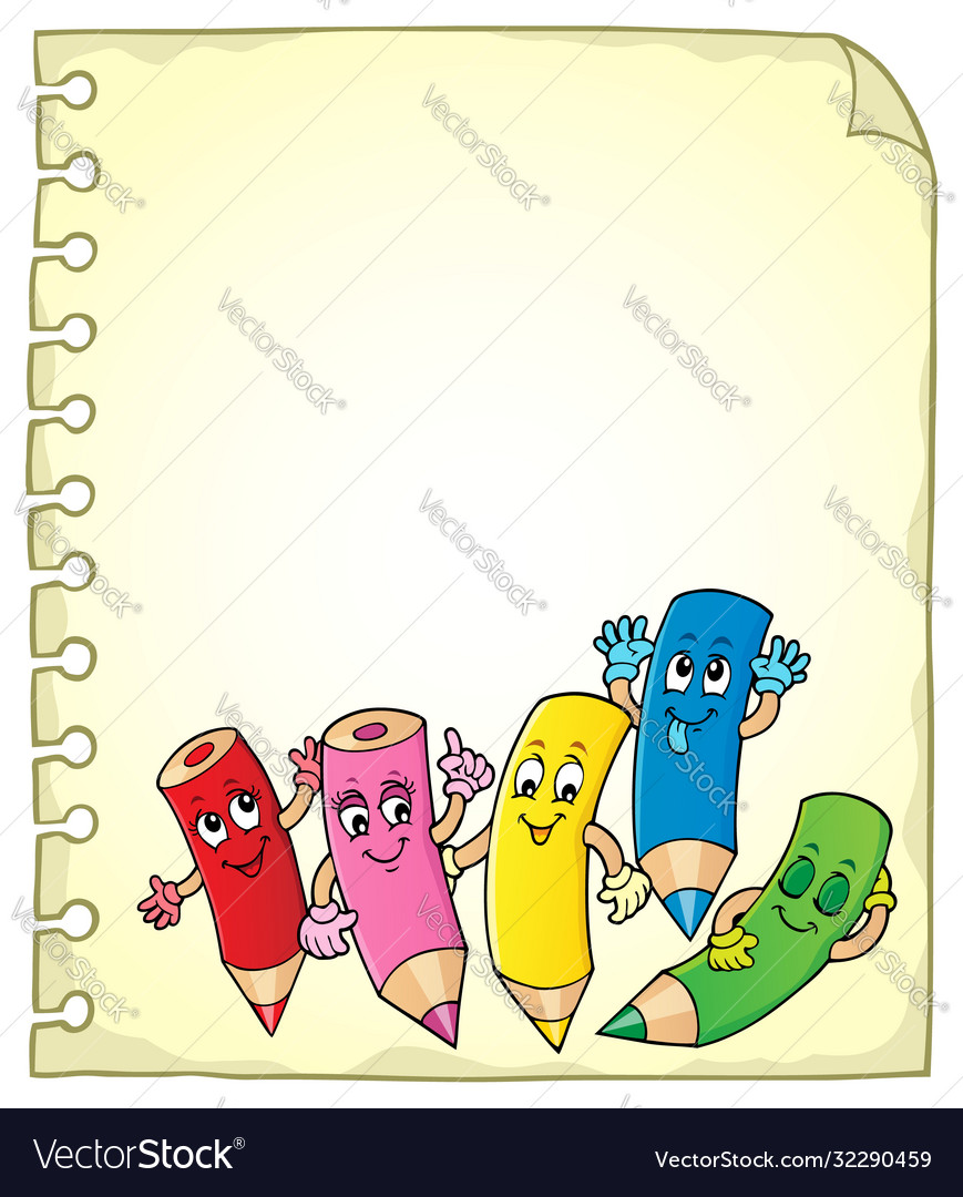 Notepad page with happy wooden crayons Royalty Free Vector