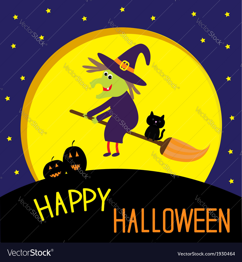 Flying cartoon witch and cat big moon halloween