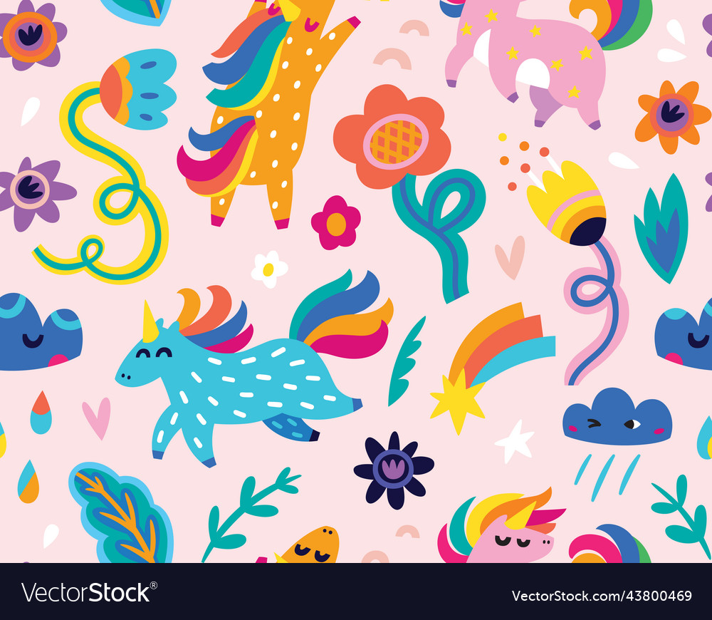 Festive seamless pattern with unicorns flowers vector image Festive seamless pattern with unicorns flowers