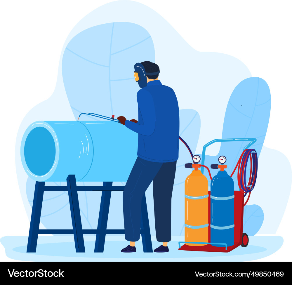 Worker Using Welding Equipment On A Large Tank Vector Image