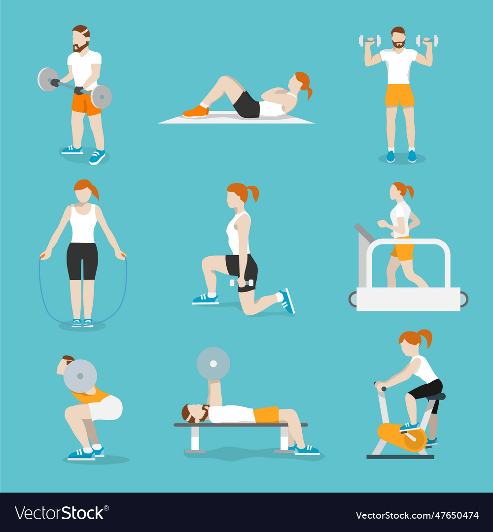 People gym exercises icons set Royalty Free Vector Image