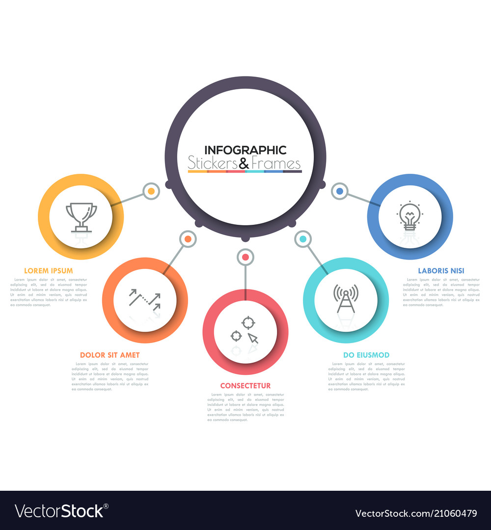 Five multicolored circles connected with main Vector Image