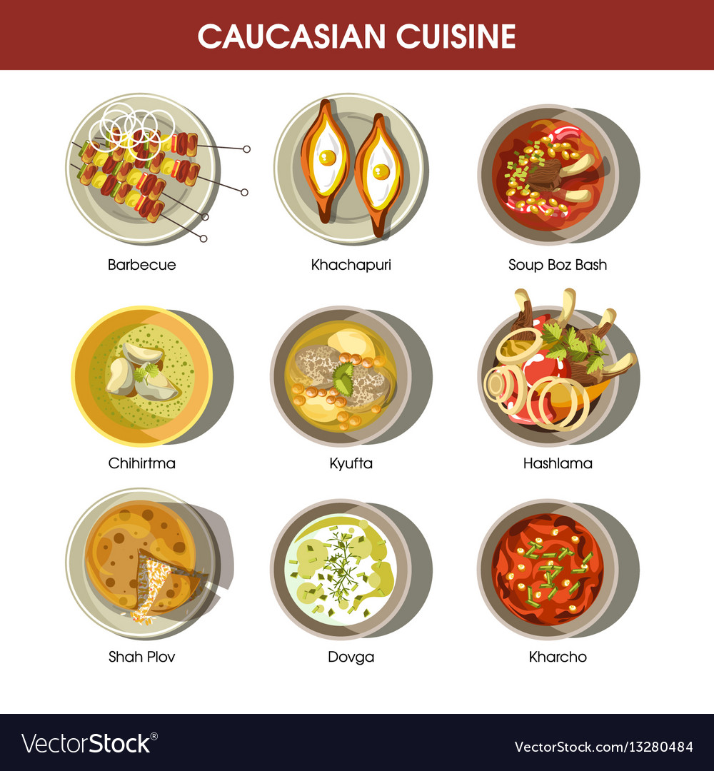 Caucasian cuisine set with traditional dishes Vector Image