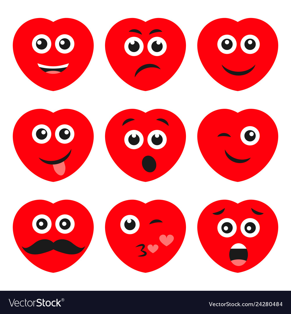 Set Of Nine Cartoon Hearts With Emotions Vector Image