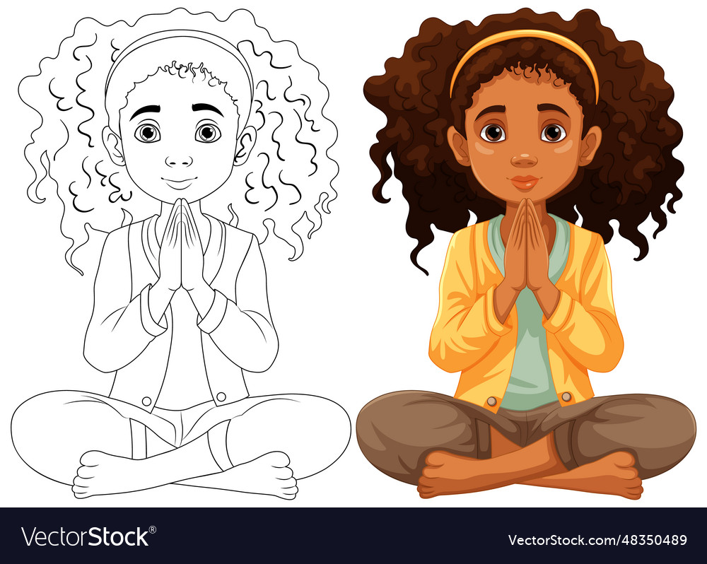 Curly-haired woman praying and meditating Vector Image