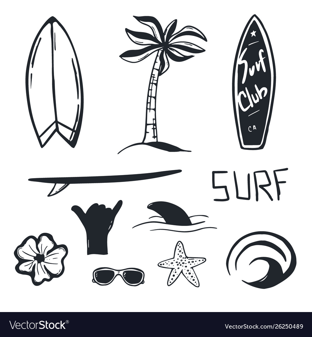 Surfboard Svg Surfing Svg Surf Svg Hawaiian Surfboard Svg Floral   Summer Surf Hand Draw Set With Surfboard Wave Vector 26250489 