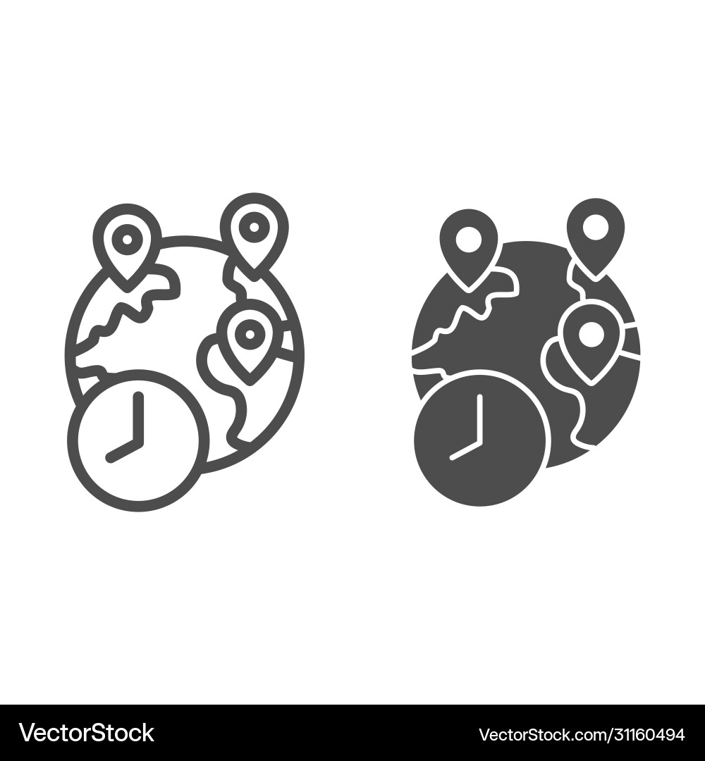 Globe with pins and clock line and solid icon Vector Image