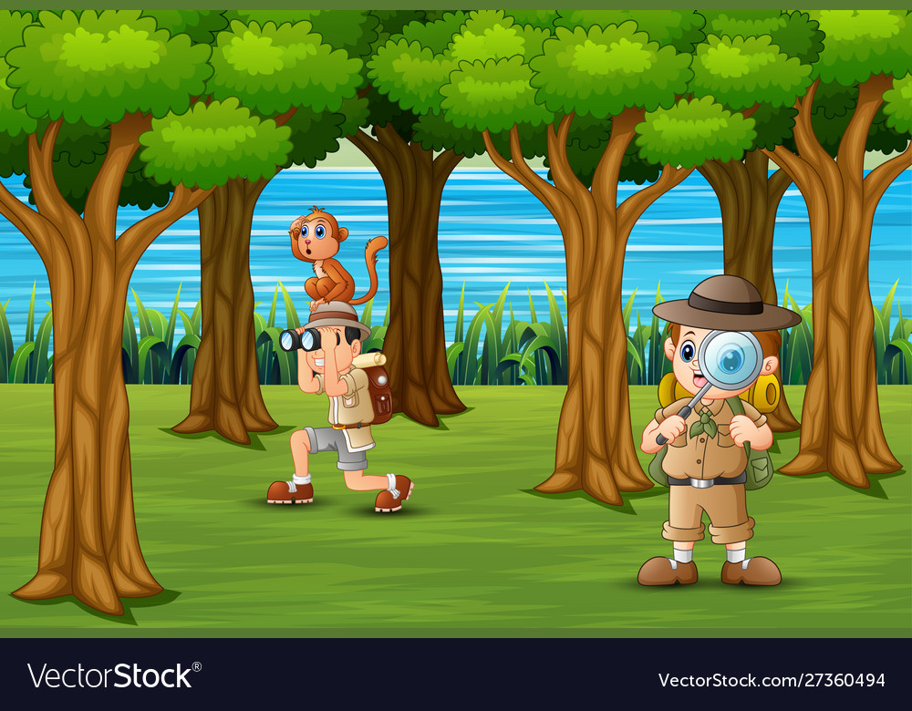 Scout boys exploring in forest Royalty Free Vector Image