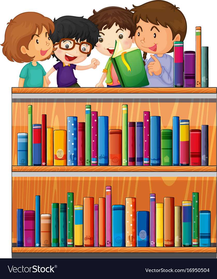 Children reading books in library Royalty Free Vector Image