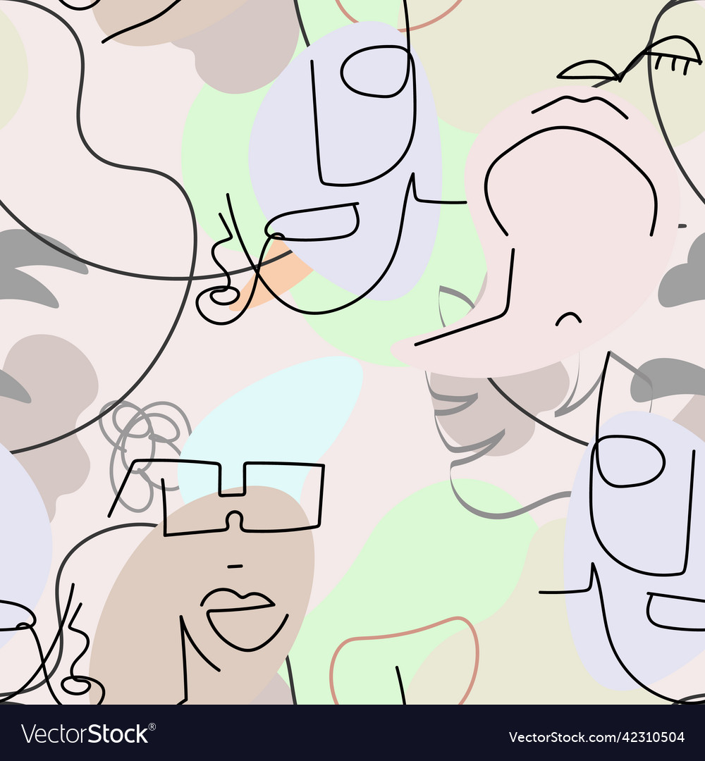 One Line Drawing Abstract Face Seamless Pattern Vector Image