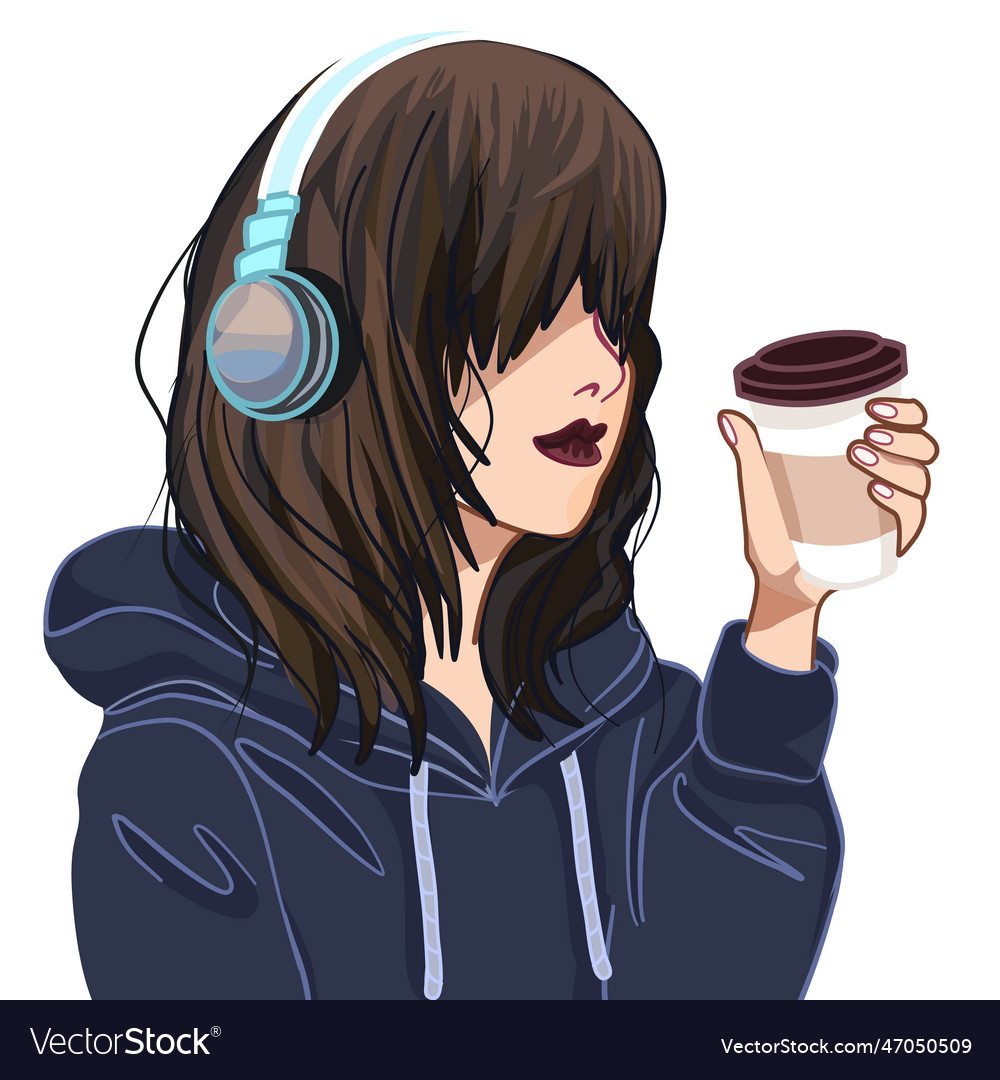 futuristic anime style girl listening to music with headphones