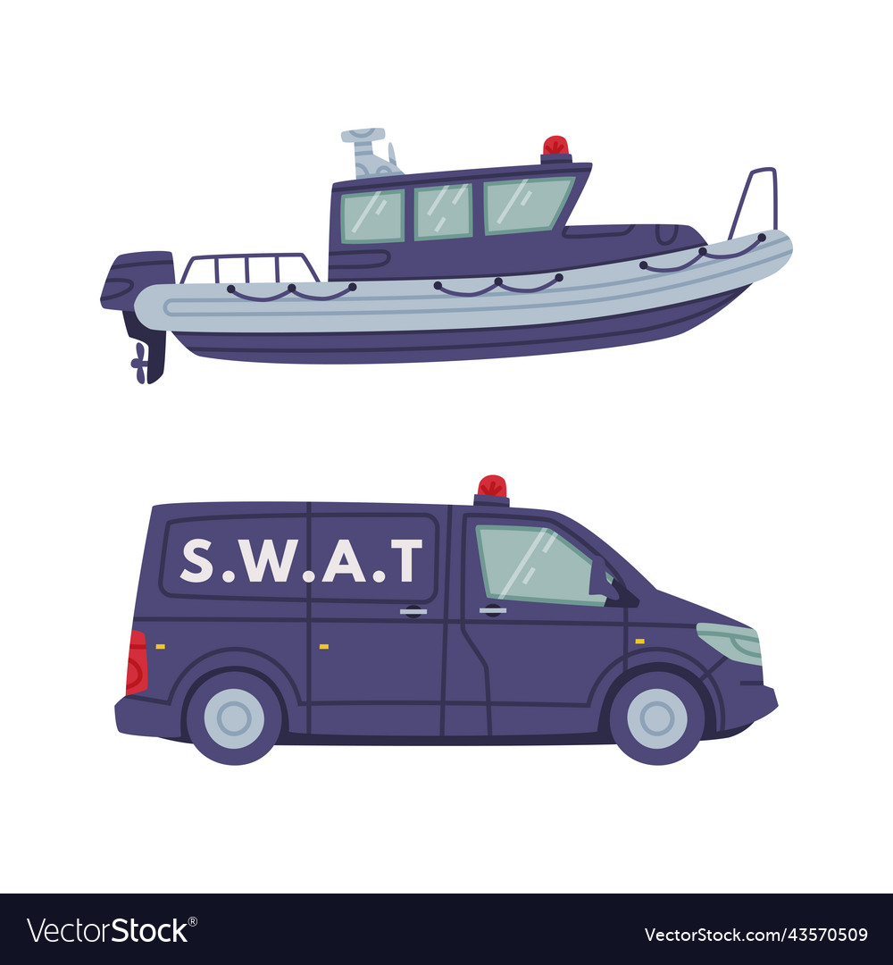 Truck with siren and motor boat as swat vehicle Vector Image