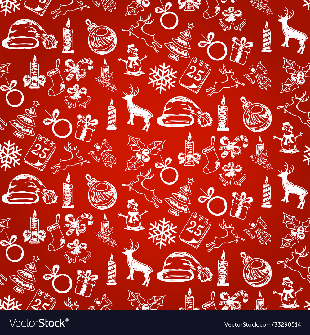 Christmas sketches on seamless red background Vector Image