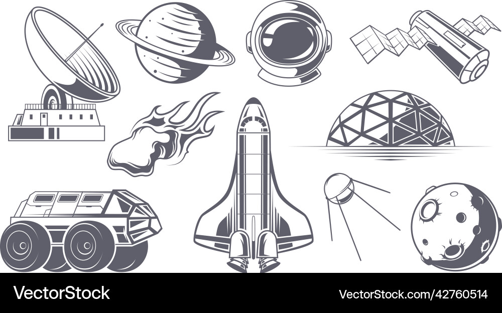 Space labels monochrome badges with rockets Vector Image
