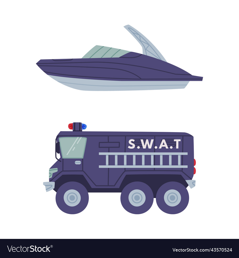 Heavy truck with siren and motor boat as swat Vector Image