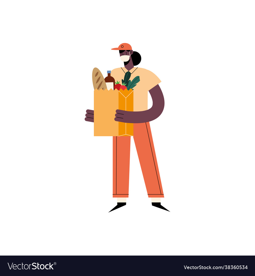 Afro courier with groceries Royalty Free Vector Image