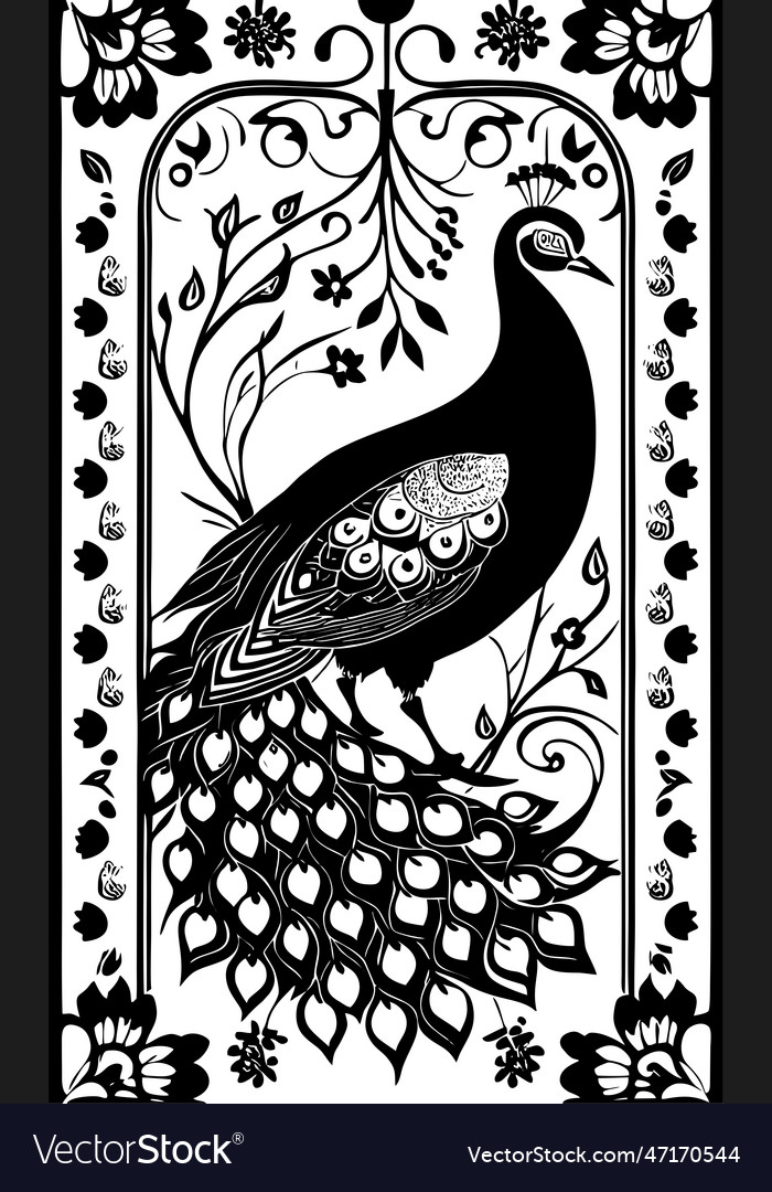 Black stylized drawing of a peacock on a white Vector Image