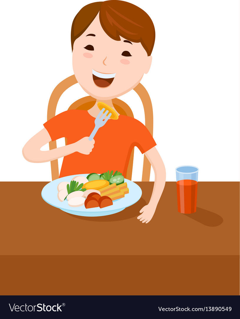 Cute cartoon small boy dined at the table Vector Image