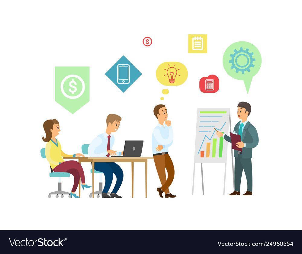 Boss and employees discussing graphic presentation
