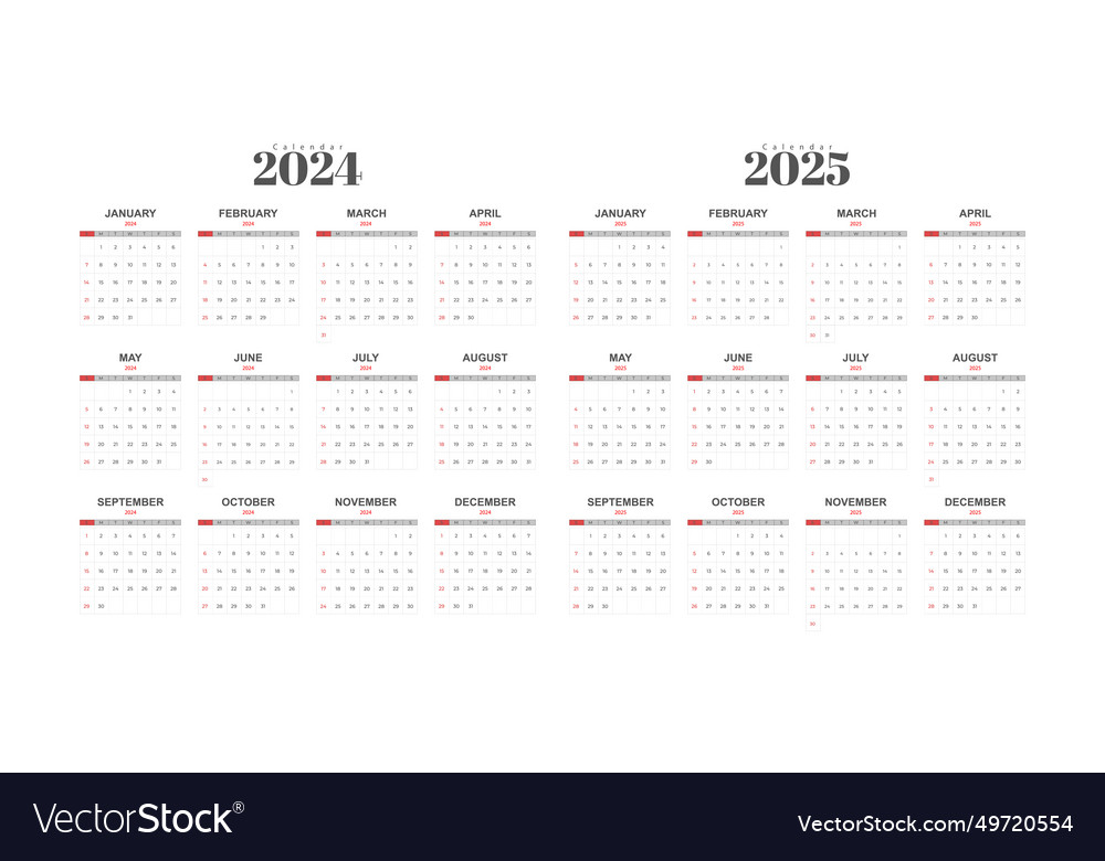 Calendar 2024 and 2025 template Royalty Free Vector Image