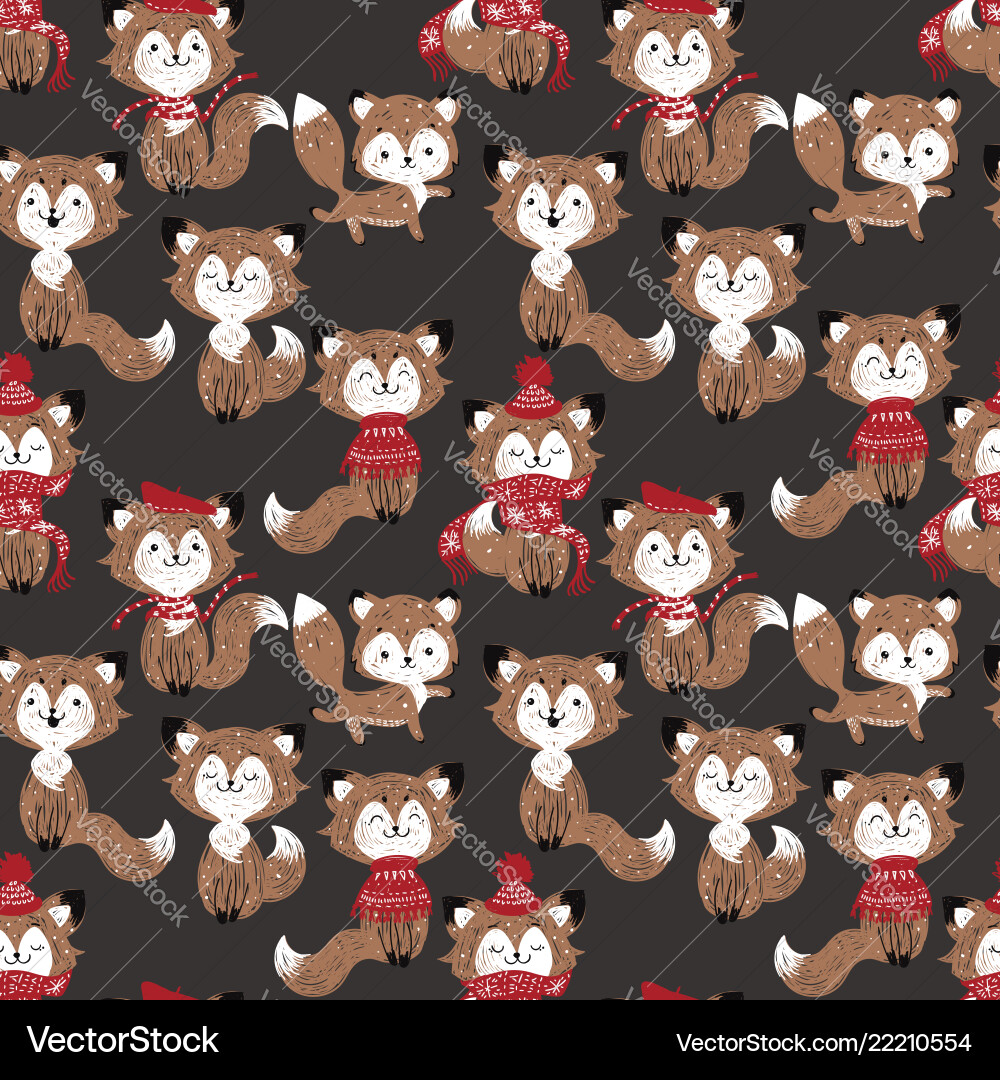 Seamless pattern with cute foxes in scarf and hat Vector Image