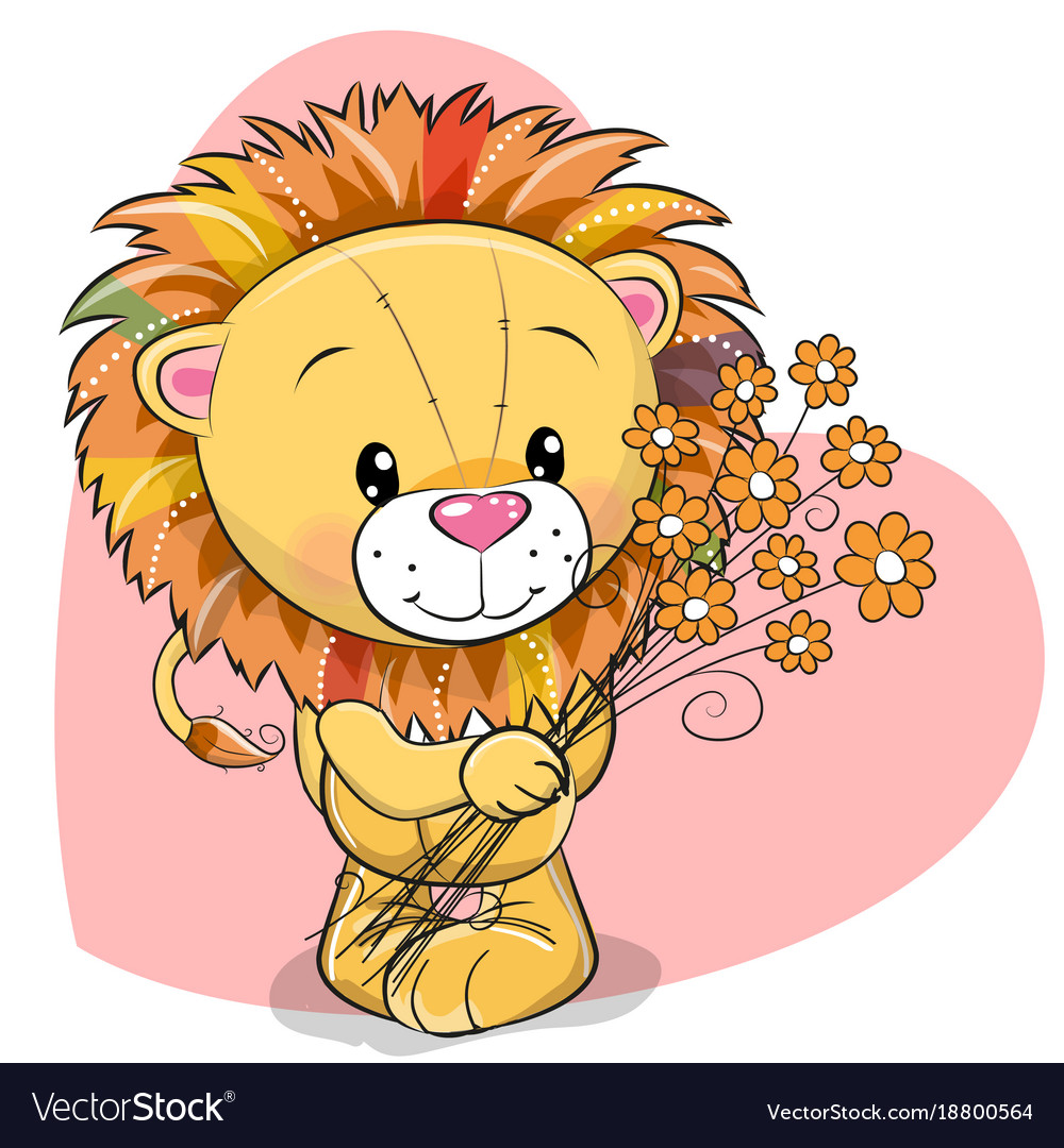 Download Greeting card cute lion with flowers Royalty Free Vector