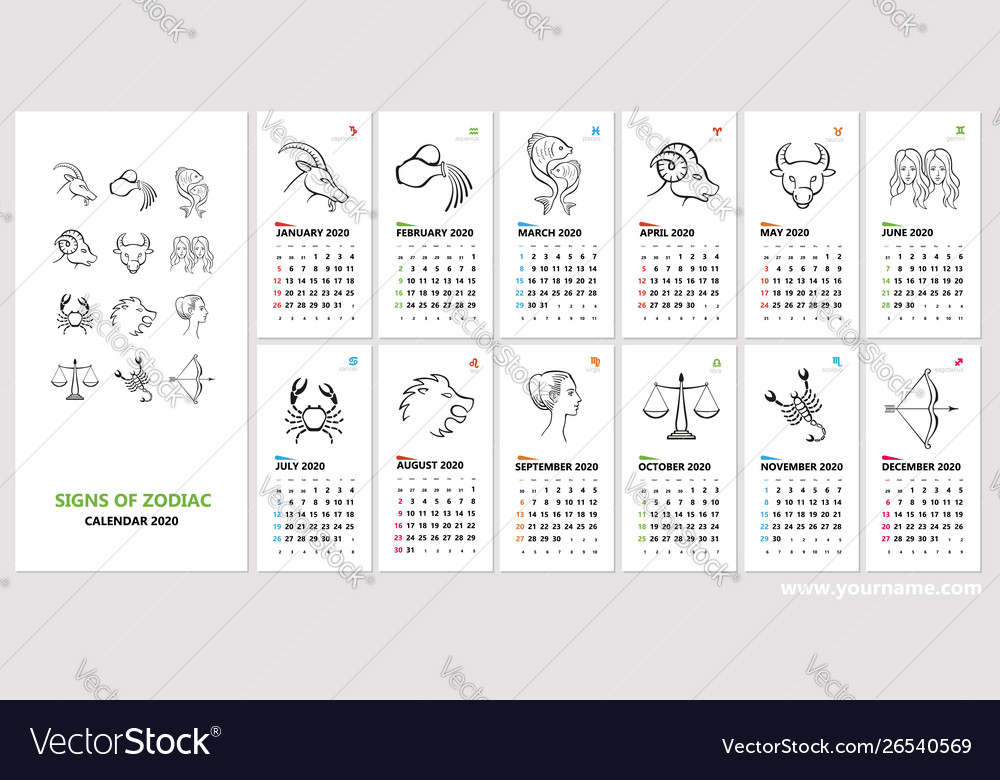 Creative wall calendar 2020 with signs zodiac