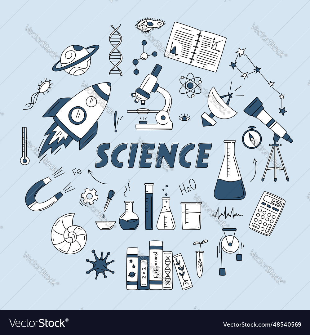 Science doodle set in circle with rocket Vector Image