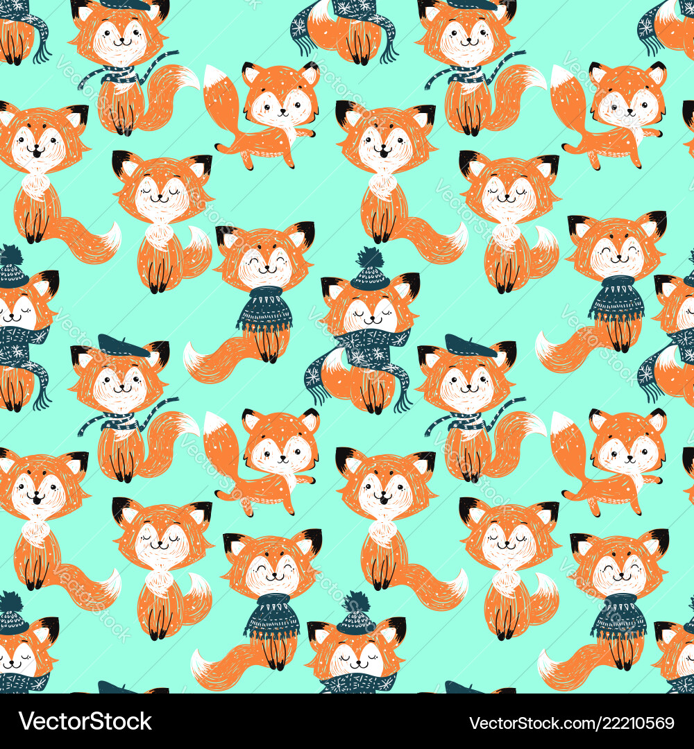 Seamless pattern with cute foxes in scarf and hat Vector Image