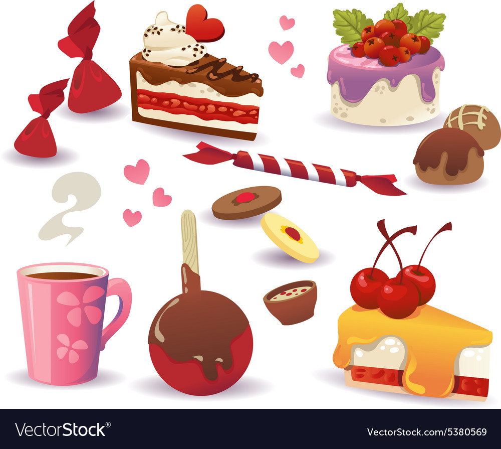 Set of cakes and other sweet food Royalty Free Vector Image