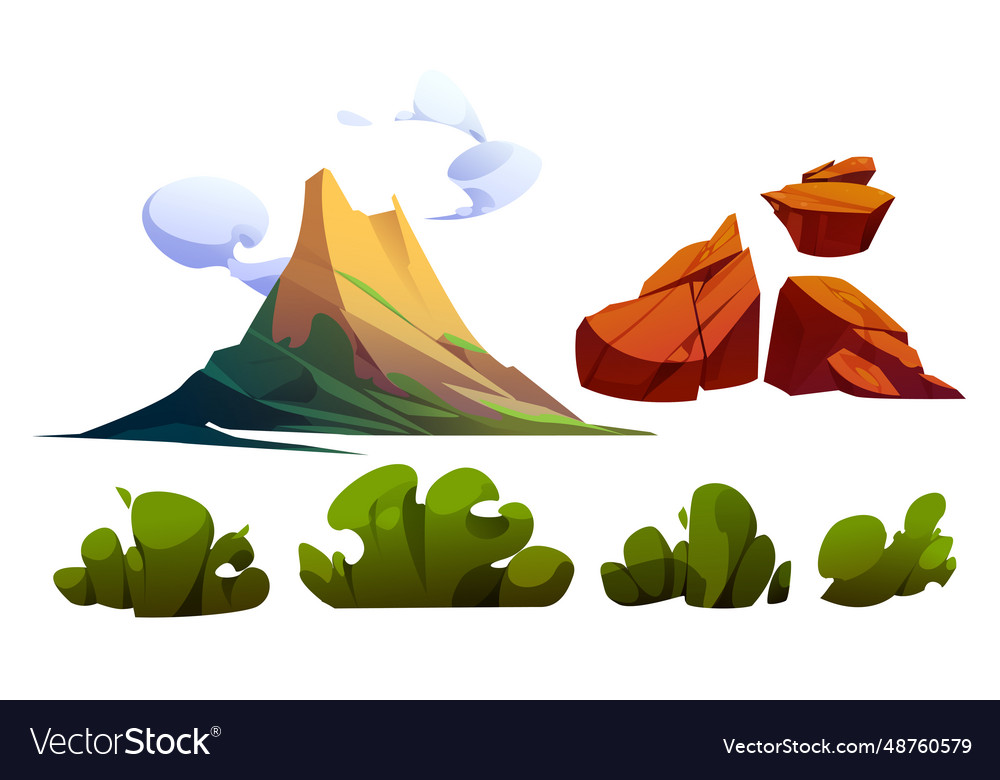 Volcano eruption cartoon set Royalty Free Vector Image