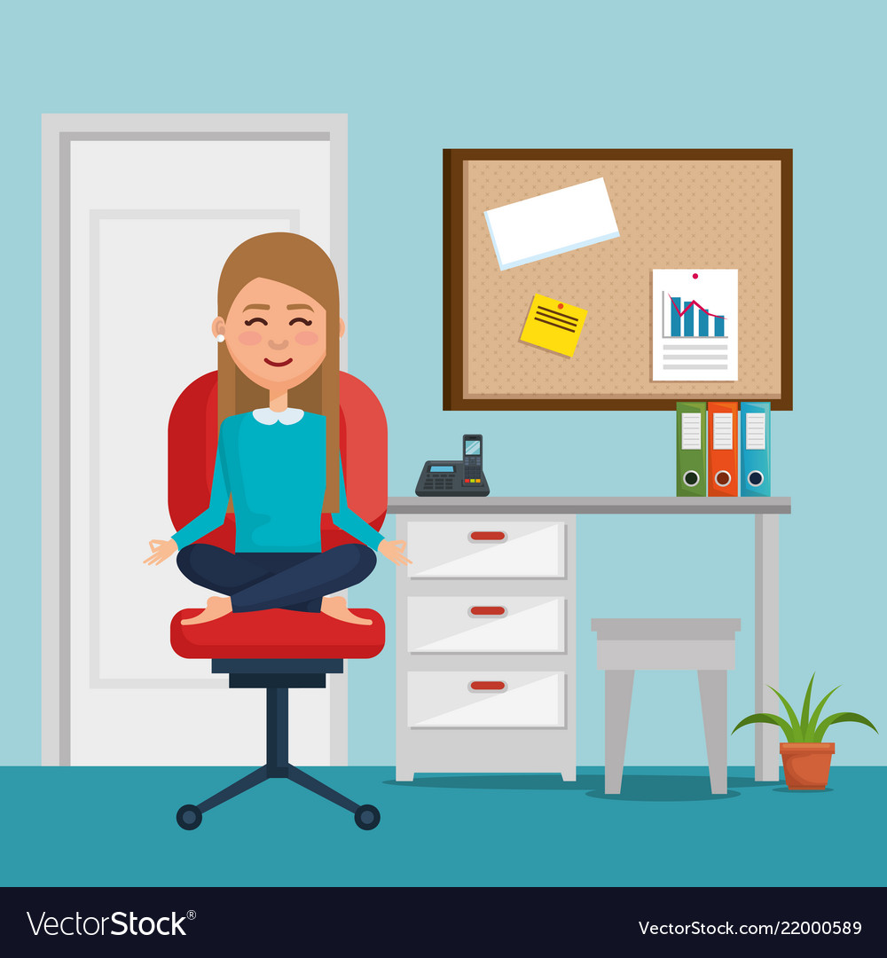 Business woman practicing yoga in office chair Vector Image