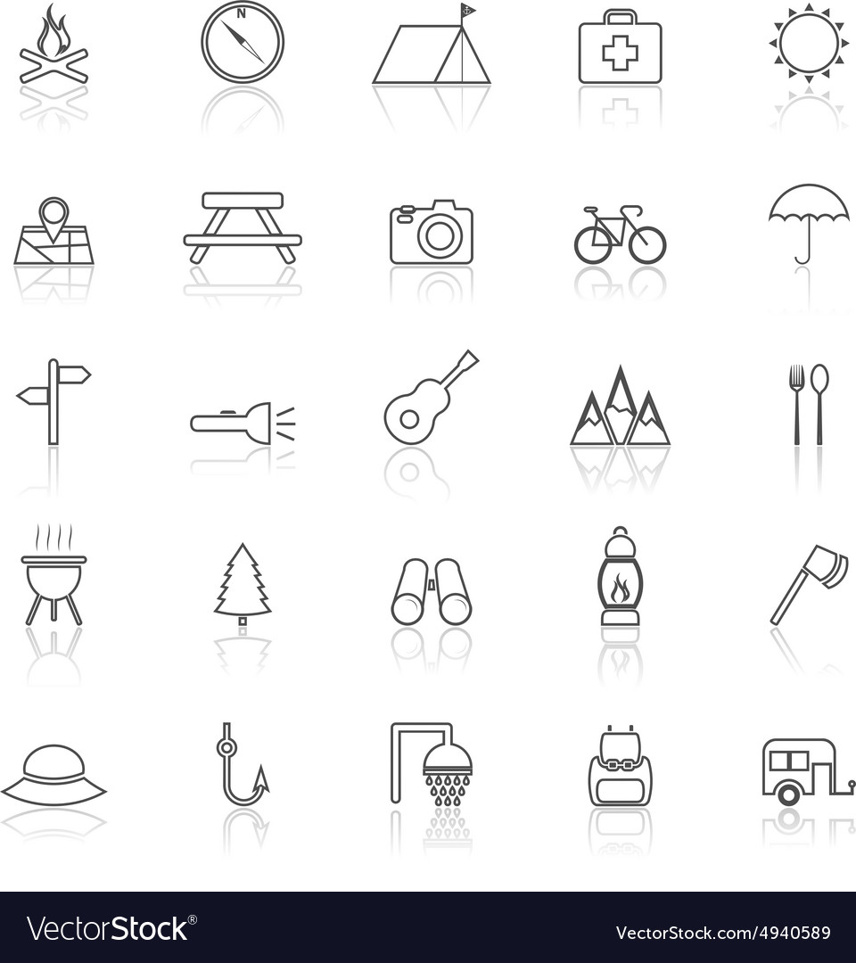 Camping line icons with reflect on white Vector Image