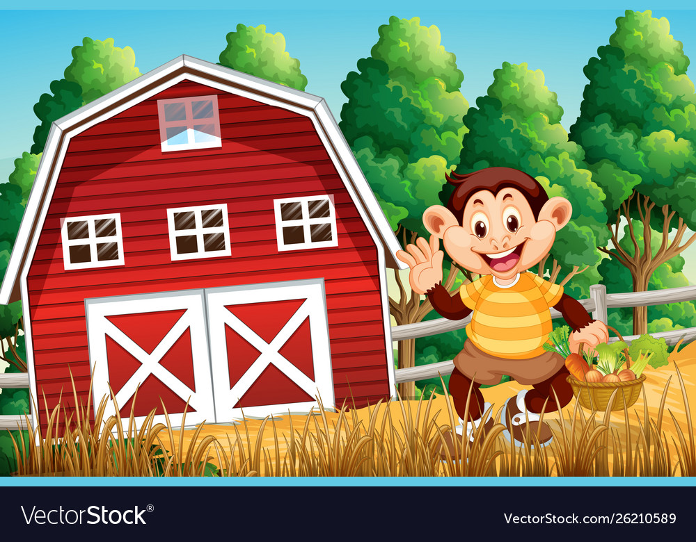 Happy monkey at farm house Royalty Free Vector Image