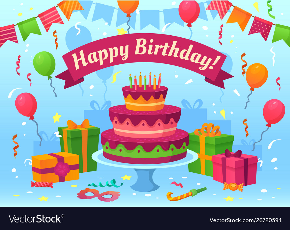 Cartoon happy birthday card celebration gifts Vector Image