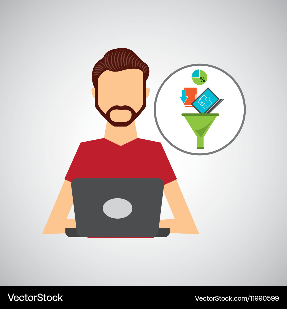 Man beard working laptop data analytics Royalty Free Vector
