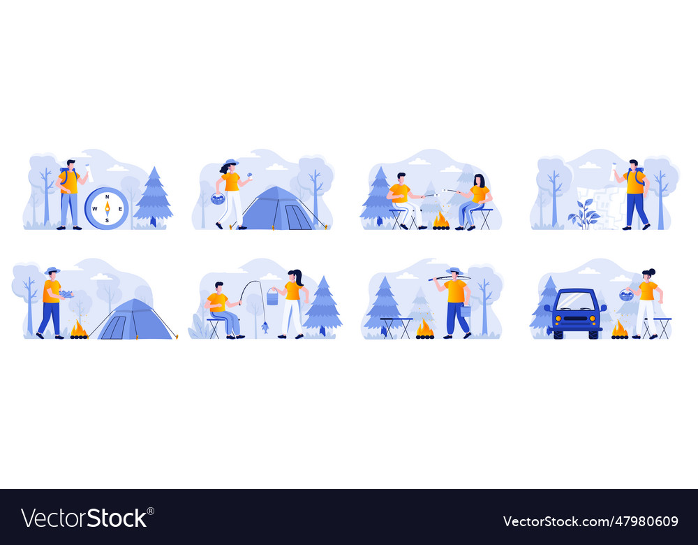 Camping scenes bundle with people characters Vector Image