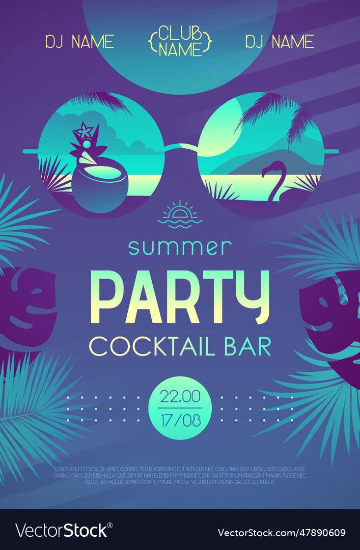 Fluorescent summer cocktail disco party poster Vector Image