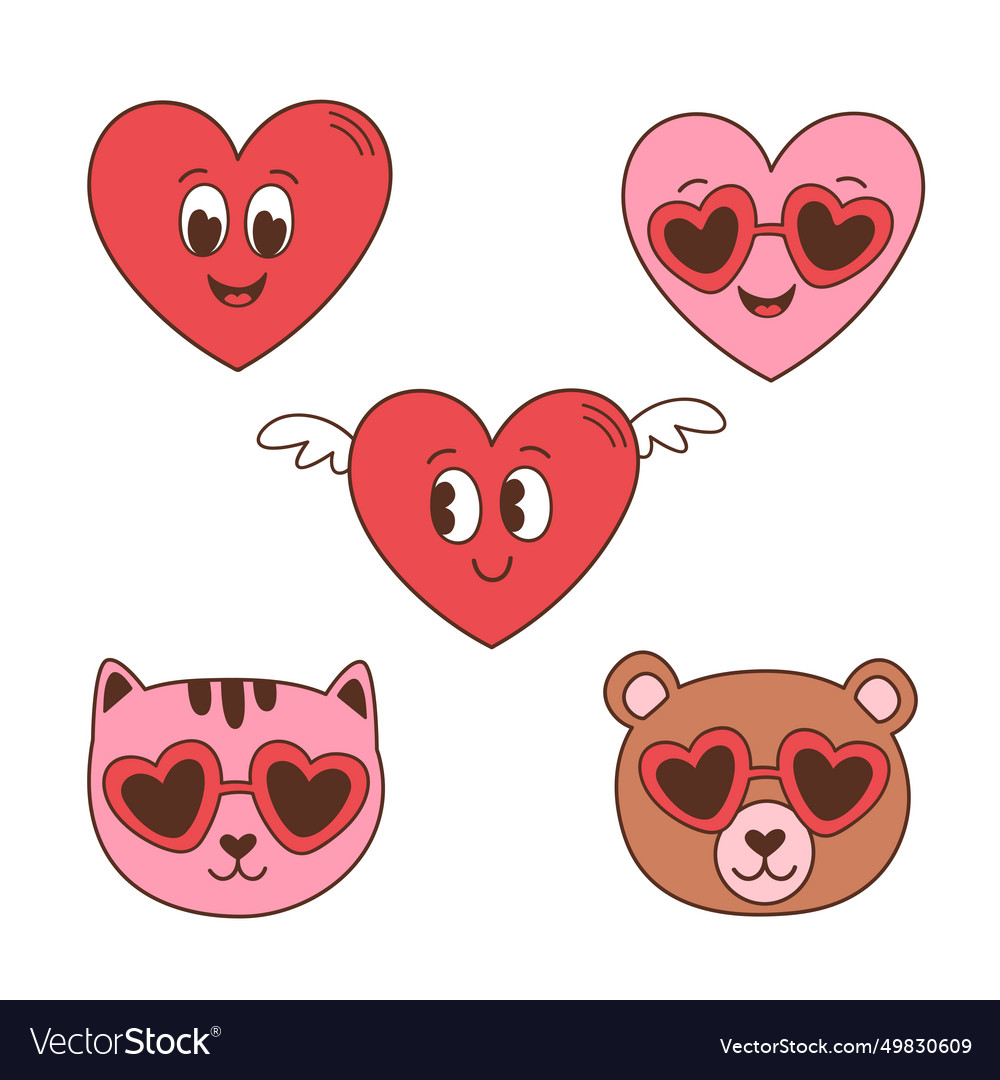 Set of isolated groovy retro cat bear hearts Vector Image