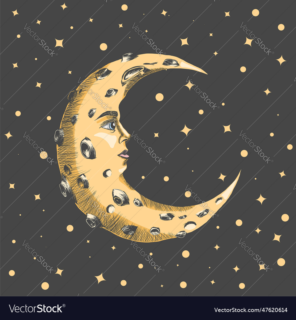 Crescent moon with face and craters colored sketch