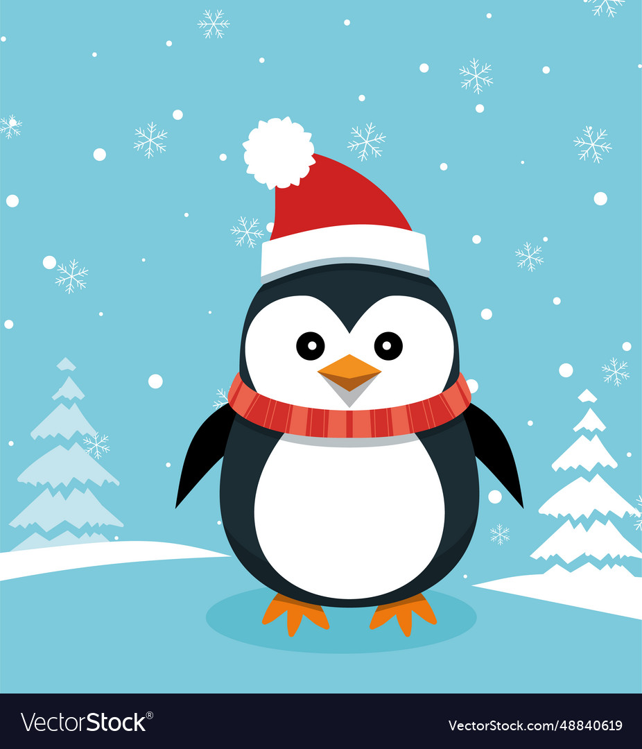 Cute penguins wearing santa claus hat standing Vector Image