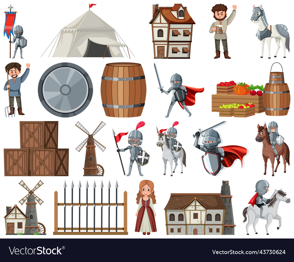 Medieval cartoon characters and objects Royalty Free Vector