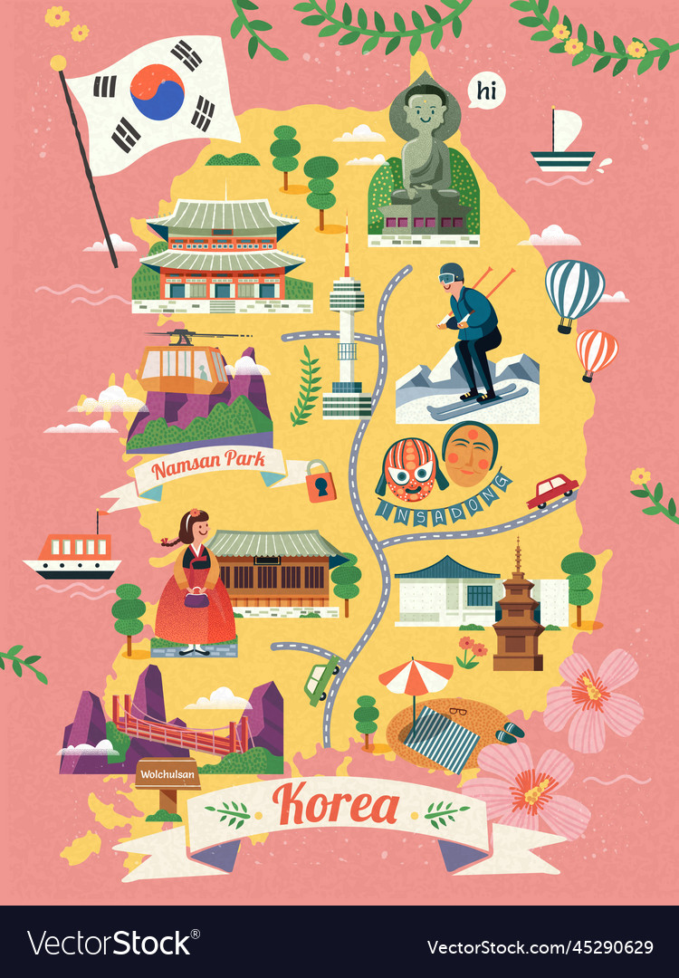 Korea travel map Royalty Free Vector Image - VectorStock