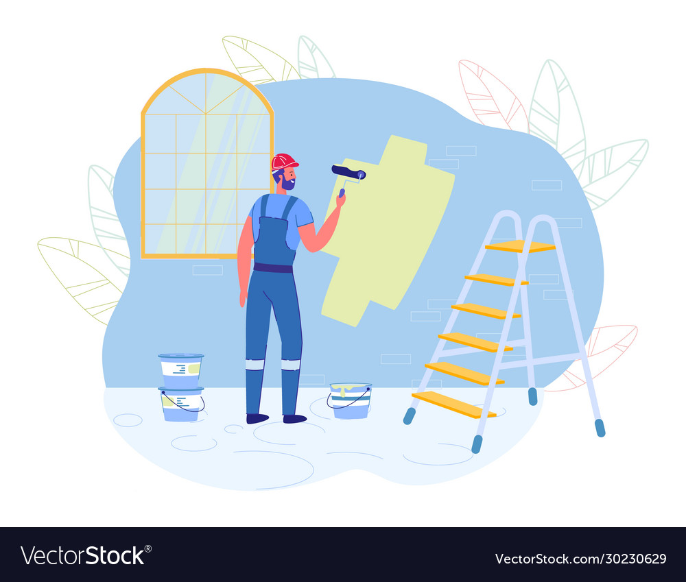 Painter or decorator man character painting wall Vector Image