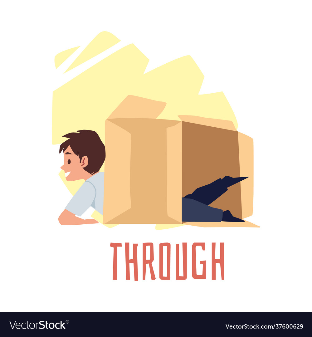 Preposition place through with boy who use carton Vector Image