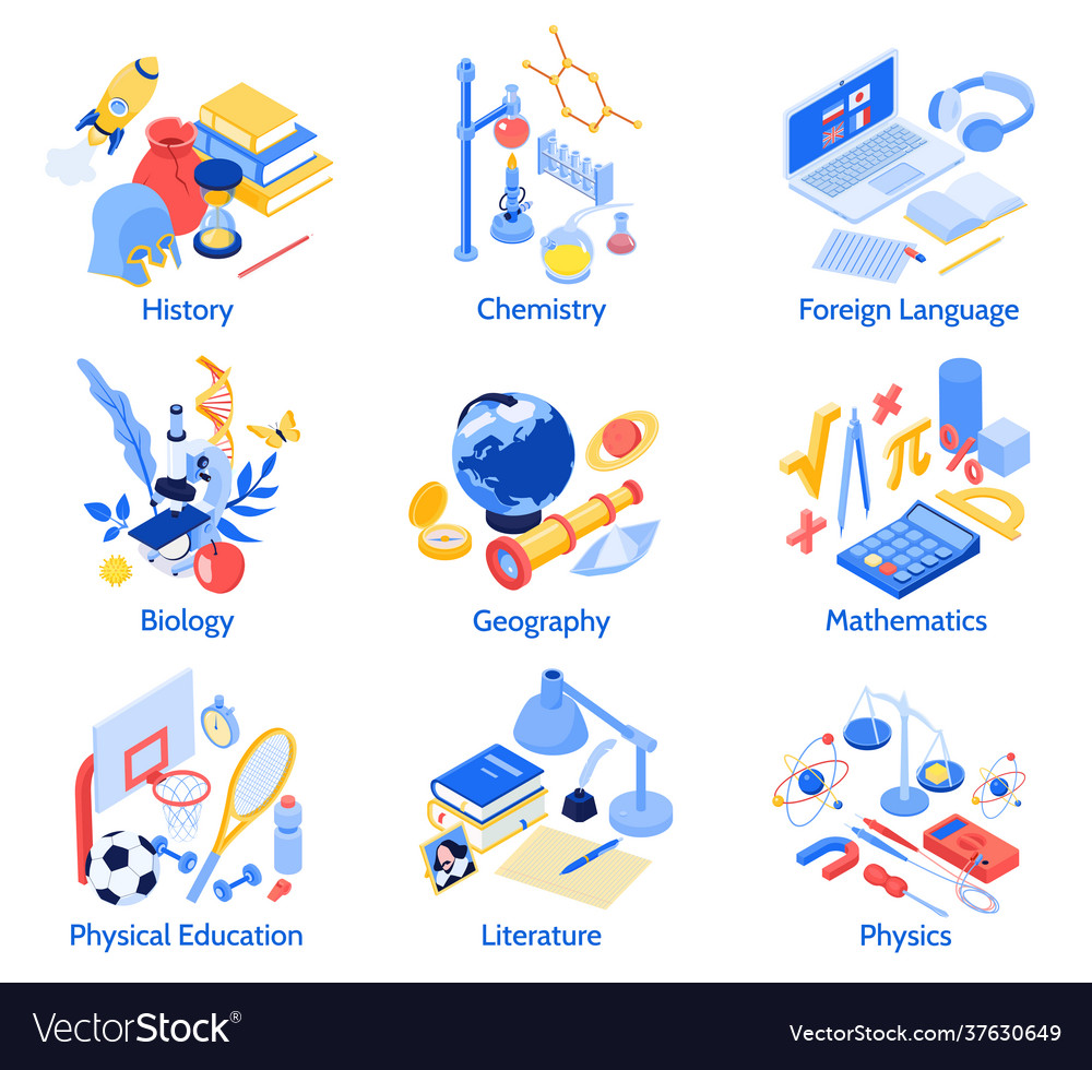 Isometric School Subjects Compositions Royalty Free Vector