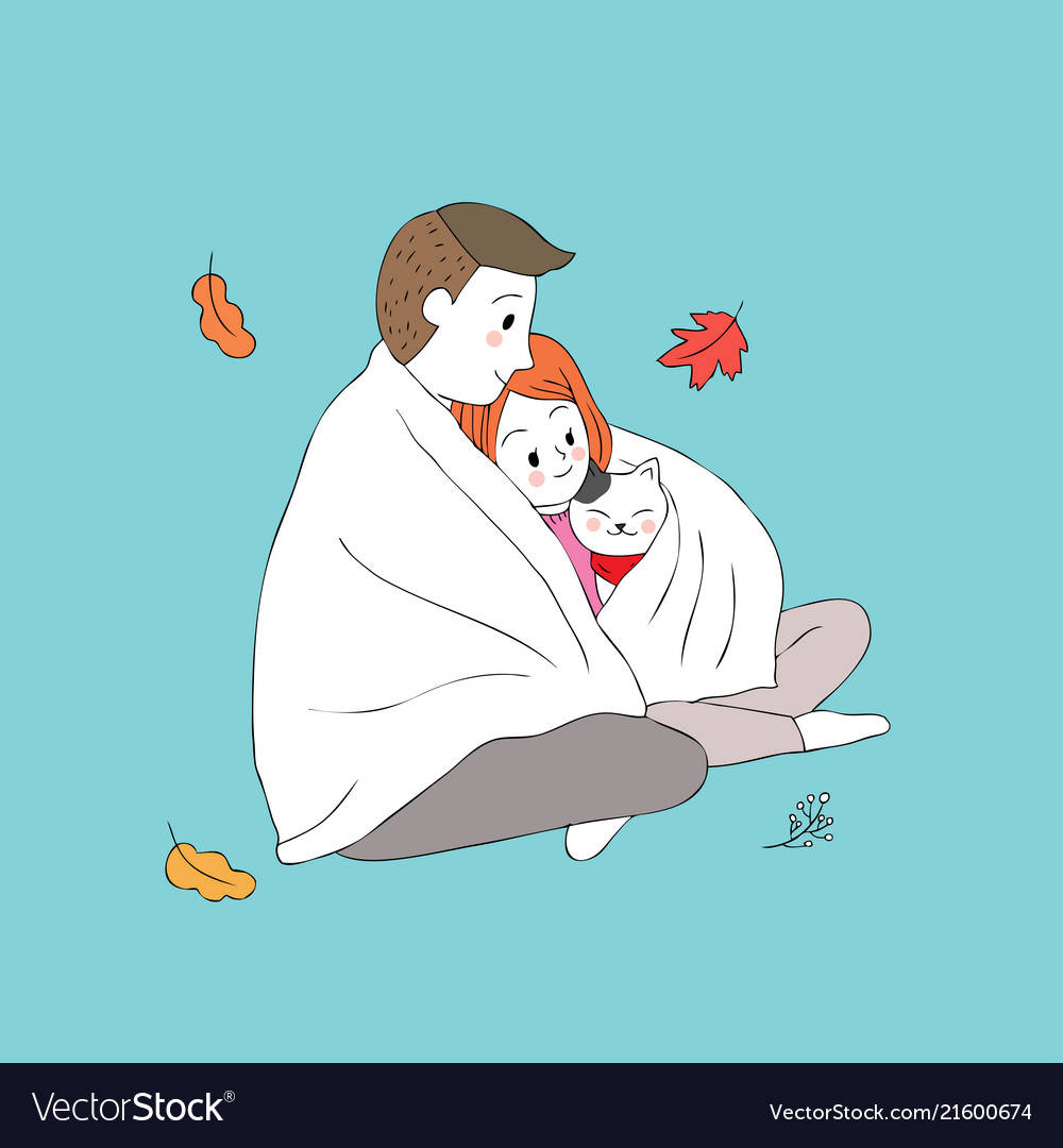 Cartoon cute autumn man and woman hug cat Vector Image Cartoon cute autumn man and woman hug cat Vector Image